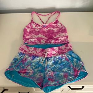 Pink and blue ivivva bikini top with ivivva reversible pink and blue swim shorts